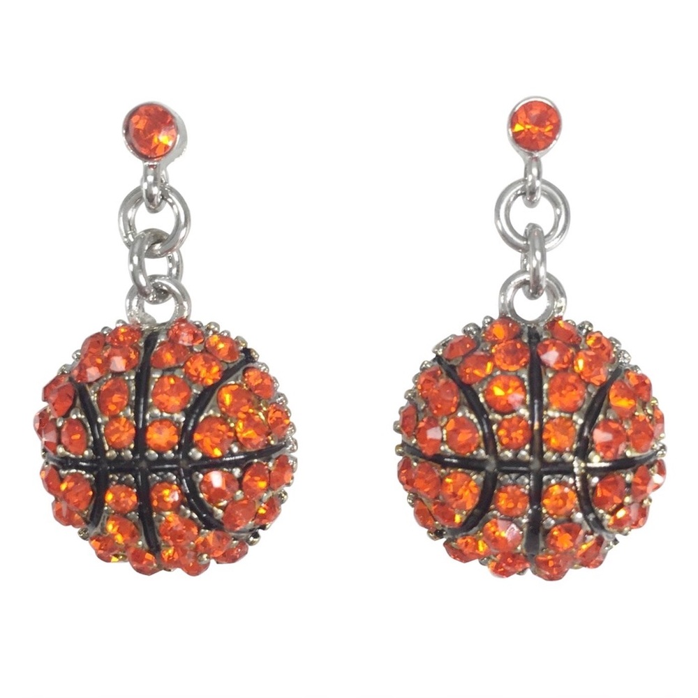 Orange Rhinestone Basketball Post Drop Dangle Earrings